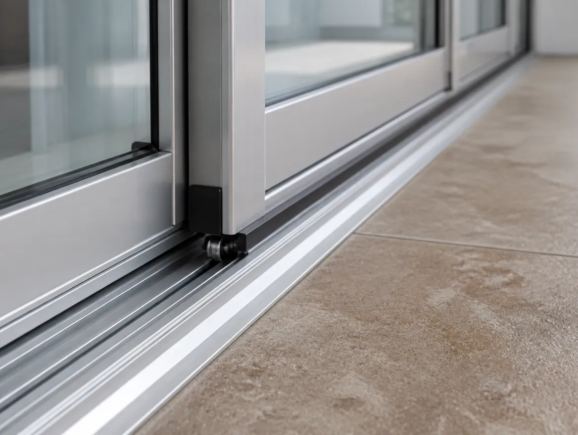 Worn sliding door track with salt-air pitting common in Hialeah coastal homes